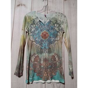 Kiara Shirt Ladies Small Green Long Sleeve V-Neck Boho Y2K‎ Studded